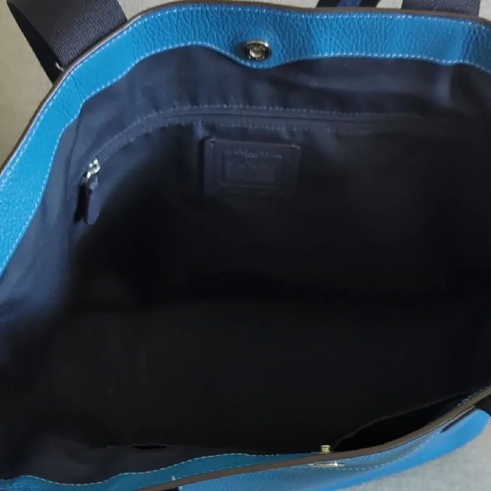 Coach Teal/Blue Pebble Leather Tote with Striped Handles